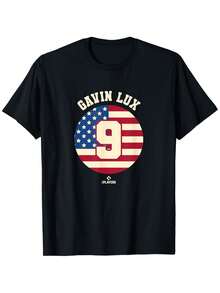 Gavin Lux Vintage Flag Baseball Player T-Shirt, Unisex Casual Cotton Crew Neck Short Sleeve Outdoor T-Shirt With Slight Stretch, 100% Cotton, Sizes S-XXXL - 黑色 - 查看 1