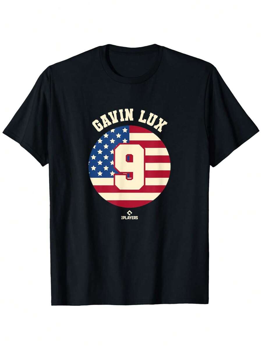 Gavin Lux Vintage Flag Baseball Player T-Shirt, Unisex Casual Cotton Crew Neck Short Sleeve Outdoor T-Shirt With Slight Stretch, 100% Cotton, Sizes S-XXXL - 黑色 - 查看 1