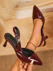 时尚搭扣细跟凉鞋，尖头细跟露跟夏季高跟鞋，适合商务、派对、婚礼、夜店、办公室、舞会、音乐节等场合。 - 酒紅色 - 查看 1
