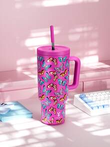Meoky 40oz Tumbler with Handle and Straw, Insulated Cup, Vacuum Insulated Water Bottle, Tumbler with Lid and Straw, Insulated Stainless Steel Travel Mug, 100% Leak-proof, Keeps Cold for 34 Hours or Hot for 10 Hours (Pink bflies) - 粉色 - 查看 3