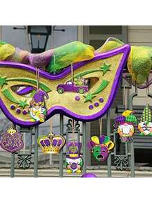 12/24/36 Pcs Mardi Gras Hanging Ornaments With Rope Crown Mask Pattern Wooden Ornaments Purple Yellow Green Mardi Gras Theme Decorations For Carnival Holiday Party Home Decor - Multicolor - View 7