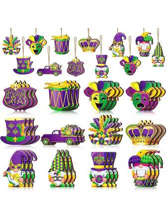12/24/36 Pcs Mardi Gras Hanging Ornaments With Rope Crown Mask Pattern Wooden Ornaments Purple Yellow Green Mardi Gras Theme Decorations For Carnival Holiday Party Home Decor