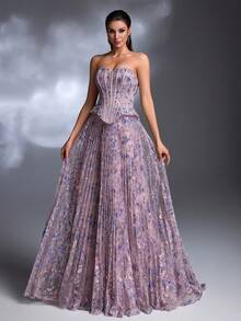 AMILUCK New Elegant Luxury Heavily Sequined & Beaded Lace Strapless Mermaid Hem Layered Ruffle Maxi Dress, Suitable For Formal Evening Gala, Party, Red Carpet, Wedding Guest Spring - Dusty Pink - View 9