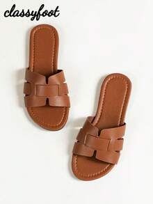 女士时尚蛇皮平底凉鞋，棕色夏季沙滩拖鞋 - 棕色 - 查看 6