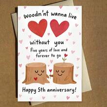 1pc "Woodn't Wanna Live Without You: Happy 5th Anniversary" Cute Tree Stump Couple Card – Sweet White Design With Playful Smiling Tree Stumps (Plus Heart Accents) And Punny, Warm Anniversary Text. Perfect For Gifting To A Partner On Your 5th Anniversary, Blending Silly Wordplay With Sincere "Forever" Affection. Cheerful, Charming Tone, Includes Red Envelope – A Delightful, Whimsical Card To Celebrate 5 Years Of Love And More To Come. - Multicolor - View 9