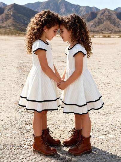 Young Girl Round Neck Cap Sleeve Contrast Color Ruffle Hem Fashionable Minimalist Sweet Dress