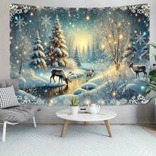 Uma Tapeçaria de Inverno Extra Grande - Floresta Nevada com Veados, Cenário de Inverno - Decoração de Parede Extra Longa com Elegantes Árvores e Rios Cobertos de Neve - Cores Suaves de Azul e Dourado de Inverno - Adequada para Sala de Estar, Quarto, Escritório, Natal, Casamento, Festa - Com Tiras Adesivas para Pendurar Facilmente - Durável - Decoração de Parede para o Lar no Inverno, Cenário de Natal Temático de Inverno, Decoração de Natal Vintage, Cenário Temático de Boneco de Neve - Multicolorido - Visão 3