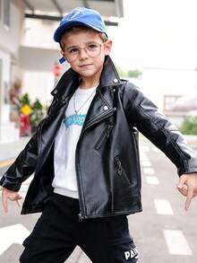 男童摩托车皮夹克，男童春秋拉链夹克，男童黑色春季防风夹克，时尚 - 黑色 - 查看 2