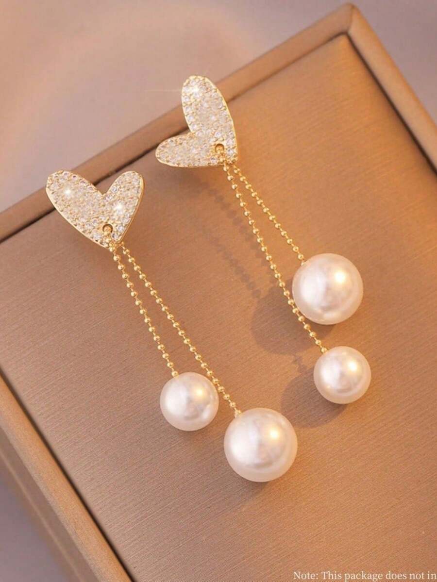 Rhinestone Heart & Faux Pearl Decor Drop Earrings - Multicolor - View 1