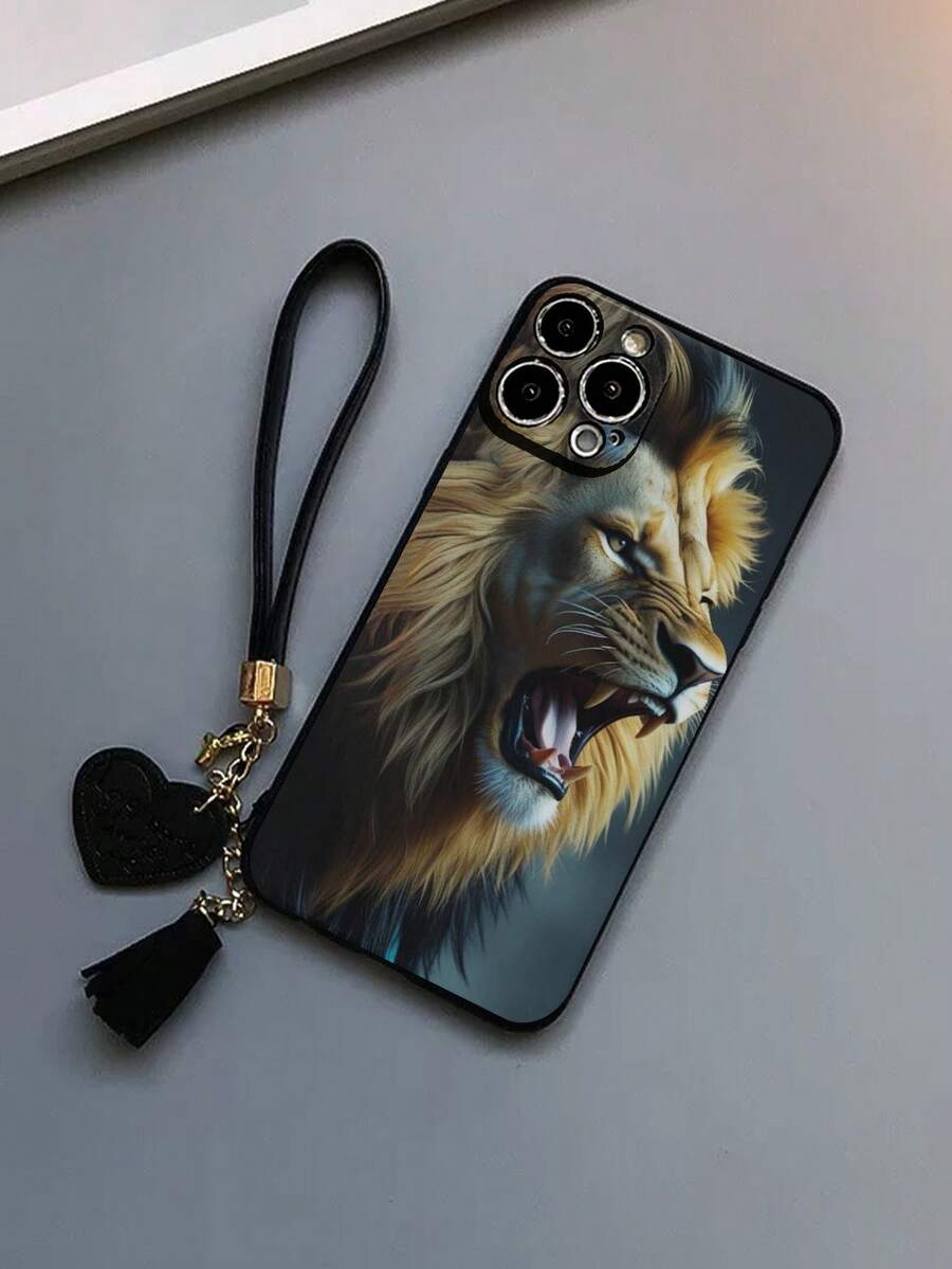Capa para celular com estampa de leão pintada, resistente a quedas (1 unidade), com alça de pulso decorativa em couro em formato de coração. Acessório para personalizar sua capa de celular. Compatível com iPhone e Redmi.