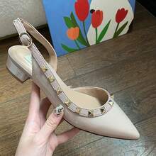 Zapatos de tacón para mujer Zapatos de piel con puntera hueca y remaches Vestidos de verano combinados con sandalias de tacón alto Bailarinas francesas de color nude para mujer - Albaricoque - Ver 10