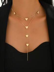 1pc Minimalist Elegant Heart Pendant Multi-Layer Y-Necklace, Fashionable Jewelry Gift For Women, Suitable For Valentine's Day, Mother's Day, Girlfriend/Mom Birthday And Holiday - Golden - View 1