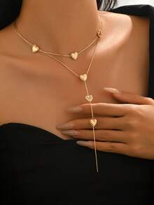 1pc Minimalist Elegant Heart Pendant Multi-Layer Y-Necklace, Fashionable Jewelry Gift For Women, Suitable For Valentine's Day, Mother's Day, Girlfriend/Mom Birthday And Holiday - Golden - View 3