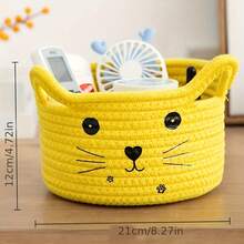 1pc White/Green/Yellow/Brown/Blue/Pink Cat Face Woven Storage Basket (21cm/8.27in*12cm/4.72in) - Adorable Cat Ear Shaped Desktop Organizer Basket, Suitable For Storing Small Accessories/Stationery/Cosmetics, Ideal For Bedroom/Dorm/Office Desk, Decorative And Space-Saving. - Multicolor - View 7