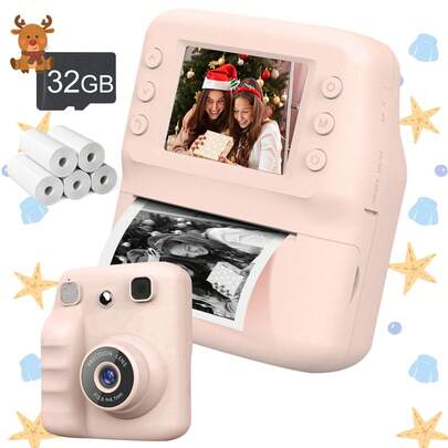 Cámara instantánea para niños, juguete ideal de fotografía de viaje para inspirar la creatividad y la diversión, regalo para niños y niñas de 3 a 12 años - Juguete ideal de fotografía de viaje para inspirar la creatividad y la diversión (Dos opciones: cámara individual o tarjeta de memoria de 32 GB + 5 rollos de papel fotográfico) - Juguete de Navidad, cumpleaños, Año Nuevo, Halloween - Regalo de vuelta a la escuela