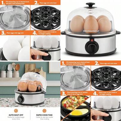 PZW Elite Gourmet EGC724SS - Caldera de huevo eléctrico fácil huevos de omelette y suave mediana y dura con apagado automático y zumbador taza de medición incluida sin BPA 7 acero inoxidable2537