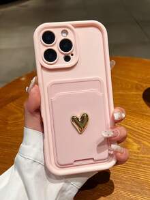 2pcs/Set Cute & Luxurious Pink Camera Lens Protection Phone Case With 3D Golden Heart Card Holder, Suitable Compatible With Iphone17 16 16Promax 16Pro 16plus XR 15 14 Pro Max 12 13 Pro 11, Candy Shockproof Protective Cover Compatible With Samsung Series - Pink - View 2