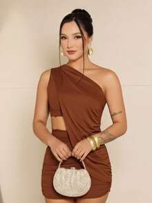 Ludmilla's Short Dress, Gringa Style, For New Year's Eve, Parties, Christmas, Sleeveless, Mesh, Asymmetrical, Evening Party, Wedding, Birthday Party, Street, Travel, Beach, Summer - 鏽棕色 - 查看 2