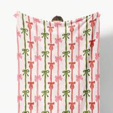 1pc Cozy Bowknot Print Flannel Blanket - Soft, Vintage-Inspired Design With Pink Bows On White, All-Season Comfort For Home, Office, Camping & Travel, Machine Washable, Perfect For Halloween & Christmas Decor, Travel Accessory |   Playful Pattern |   Soft Texture, Blanket For Bed - 多色33 - 查看 13
