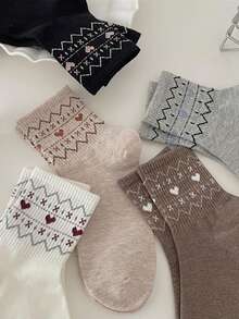 5 Paar Damen Socken, Vintage Fair Isle Herz Design Socken, lässiger vielseitiger College Stil Sport Knöchelsocken, bequeme weiche Socken geeignet für den täglichen Lässig Bereich, Sport, Zuhause, Pendeln, Partys, Weihnachtsgeschenk, Ganzjährig - Verschiedenfarbig - Übersicht 2