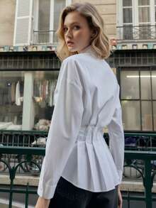 女士优雅纯白衬衫，翻领，落肩设计，长袖，收腰，喇叭下摆，适合日常办公通勤，春夏新款