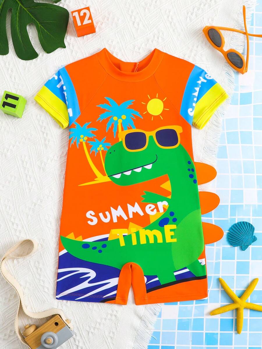 Young Boy Dinosaur Print Sleeveless One-Piece Swimsuit, Summer Beach Vacation - Burnt Orange - View 1