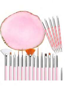 21pcs Pink Manicure Tool Set Includes 15pcs Nail Art Pens, 5pcs Acrylic Silicone Sculpting & Dotting Dual-Ended Brushes, 1pc Resin Palette, 1pc DIY Makeup Display Board, Suitable For Home And Salon Use