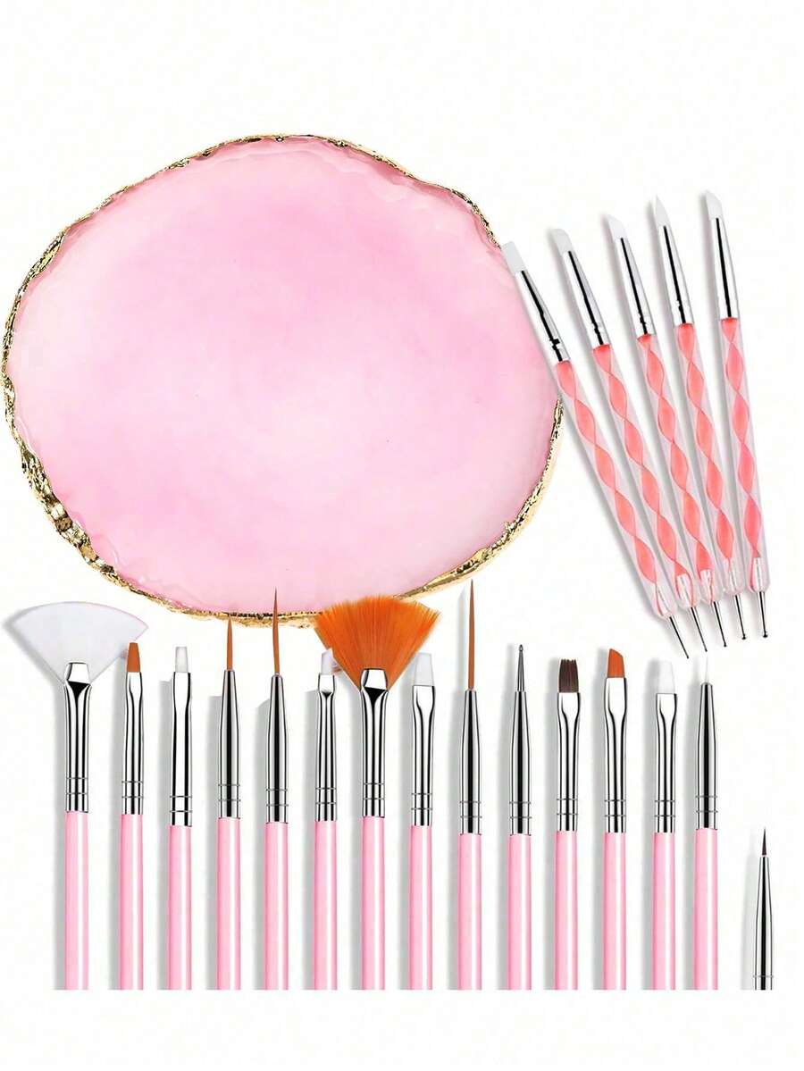 21pcs Pink Manicure Tool Set Includes 15pcs Nail Art Pens, 5pcs Acrylic Silicone Sculpting & Dotting Dual-Ended Brushes, 1pc Resin Palette, 1pc DIY Makeup Display Board, Suitable For Home And Salon Use