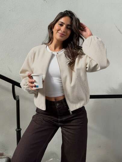 Chaqueta bomber casual de manga larga con cuello redondo, cremallera y bolsillos para mujer, ideal para el otoño