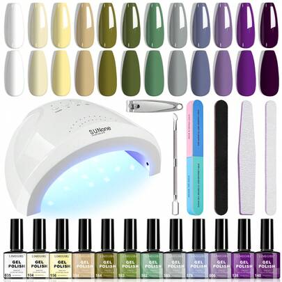 LIMEGIRL Kit de esmalte em gel, inclui lâmpada UV, secador de unhas UV/LED, 12 cores de primavera (branco suave, amarelo, verde e roxo), ferramentas profissionais multifuncionais para manicure.