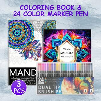 3pcs Mandala Themes Coloring Book Set With 24 Colors Markers – High-Quality Thick Paper, Saddle Stitch Binding, Large Print Illustrations For Stress Relief And Relaxation – Perfect Art Therapy Gift For Adults, Men, Women – A4 Format For Easy Decoration & Mindfulness