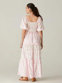 Women's Floral Print Patchwork Pleated Dress With Bubble Sleeves And Square Neck Casual Loose Dress - Hồng - Xem 5