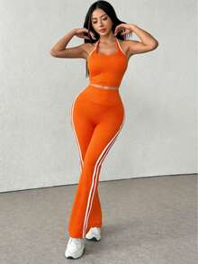 Set de 3 piezas con top corto sin espalda + pantalones deportivos de cintura alta de color contrastante, conjunto casual de ropa deportiva para exteriores - Naranja - Ver 2