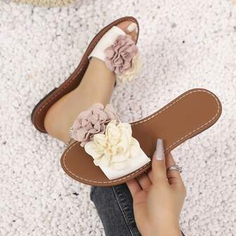 1 par Camellia Flower strandsandaler i PU-läder, sommar