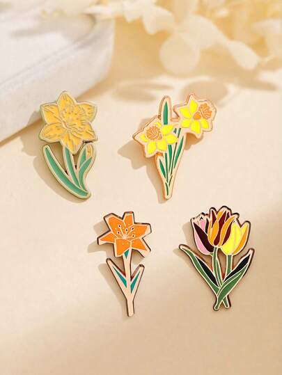 1/4pcs Enamel Daffodil Flower Brooch, Fresh Floral Badge, Tulip Plant Clothing Bag Accessory Pin, Artistic Niche Jewelry