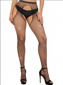 性感内衣女士渔网蕾丝吊袜带及膝长筒袜，适合夜店、夜生活、约会、表演、蜜月——性感及膝长筒袜和连裤袜内衣 - 燙鑽黑 - 查看 3