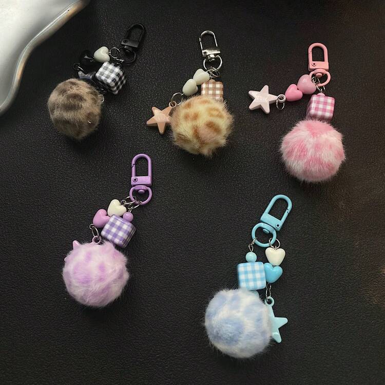 Llavero con pompón con estampado de leopardo en forma de corazón, dije con forma de estrella para bolso, colgante para funda de auriculares, regalo ideal para mejores amigas - Multicolor - Añade 1