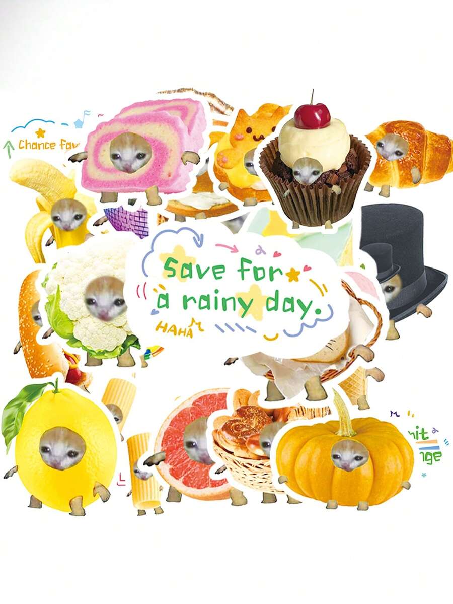 100PCS Cute Cat Food Art Style: Adorable Feline Faces On Sweets And Fruits Self-Adhesive Paper Stickers For Party Invites, Gifts, Scrapbooking, Journaling, Laptop, Bumper, Skateboard, Water Bottl - 彩色 - 查看 1