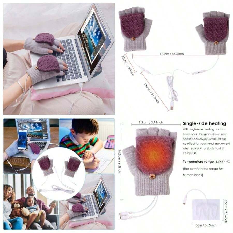 - Guantes trmicos unisex con, guantes de invierno para computadora porttil, guantes de invierno para mujeres, hombres, nias y nios - Gris claro y morado. - Ver 1