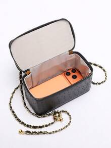 1 pieza Bolso de caja con acolchado de diamantes bordado de PU de moda, bolso cuadrado pequeño versátil con cremallera, bolso de mano de mujer con correa de cadena - Negro - Ver 9