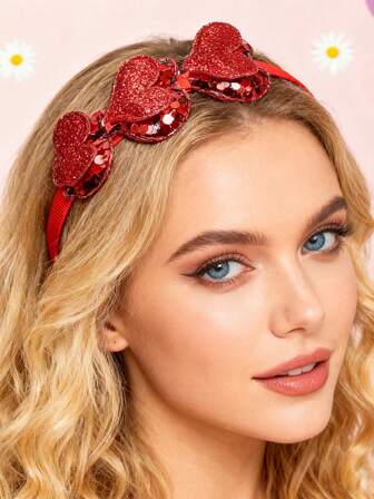 Valentine's Day Double Layer Sequin Heart Headband, Pink Heart Headpiece, Plastic Hair Ties, Valentine's Day Party Hair Accessories