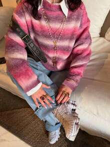 女士可爱休闲太空印花彩色街头风Y2K风格宽松圆领长袖针织衫，日常穿着，适合秋冬季节、返校季、圣诞节、情人节、新年等场合的礼物 - 粉色 - 查看 2