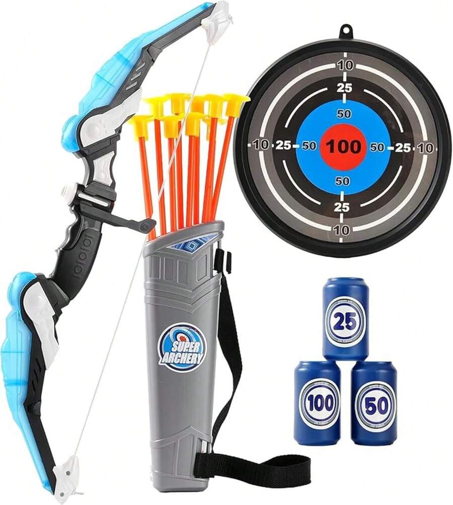 MOWE Arco y Flecha para Niños : Juguete de Tiro con Luz LED con 10 Flechas de Ventosa Objetivo Y Carcaj, Juegos de Interior Y Exterior, Juguetes para Niños de 4 a 12 Años - Azul - Ver 1