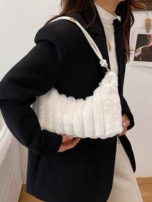 1个白色毛绒条纹法棍包，女士单肩斜挎包，冬季新款时尚 - 白色 - 查看 5