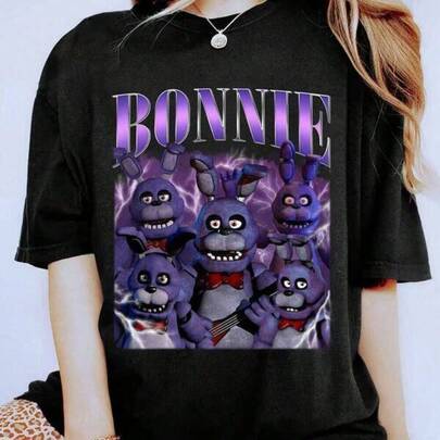 180g Pure Cotton T-Shirt Vintage Fnaf Bonnie Shirt, Shirt, Unisex, Short Sleeve Women's Short Sleeves,Short Sleeved Single-Sided Printed T-Shirt,Pullover Style Shirt,Retro Hip-Hop Style,Street Style,Machine Washable,180g Heavy Cotton,Spring Summer Top, Relaxed Fit Tee, Suitable For Christmas, Parties And Daily Wear
