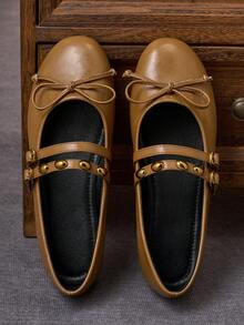 女士时尚圆头套脚鞋，卡其色玛丽珍芭蕾舞鞋，适合通勤、办公、派对、约会、婚礼、新年等场合，休闲百搭平底鞋，铆钉双带设计 - 卡其色 - 查看 4