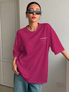 T-Shirt With "Perseverance" Print Lettering. Minimalist, Casual, Modern, Sophisticated, Simple, Basic, Summer, Oversized. - Pink - View 4