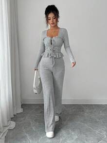 2pcs Winter Casual New Gray Brushed Ribbed, Sweet Ruffle Trim Front Tie, Pleated Ruffle Hem Long Sleeve T-Shirt + Elastic Waist Wide Leg Pants Set, Comfortable Casual Outfit