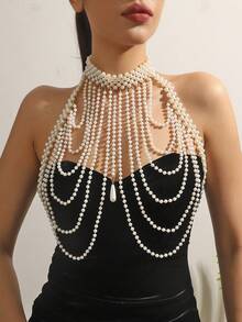 Elegant Vintage Style Multi-Layer Tassel Faux Pearl Women Shoulder Chain - Suitable For Weddings And Parties - White - View 4