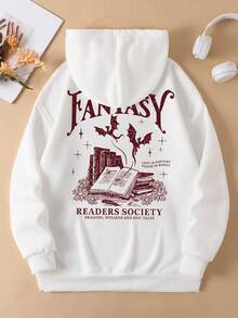 Women's Cozy Fantasy-Themed Hoodie With Book And Bat Design | Casual Long-Sleeve, Pocket Thermal Lined Pullover | "Fantasy Readers Association" Graphic | Perfect For Fall/Winter, Women's Top,|Going Out Tops Women,Going Out Outfits,Teacher Outfits For Women,Back To School,School Clothes,Back To School Clothes,Halloween Clothes - White - View 1